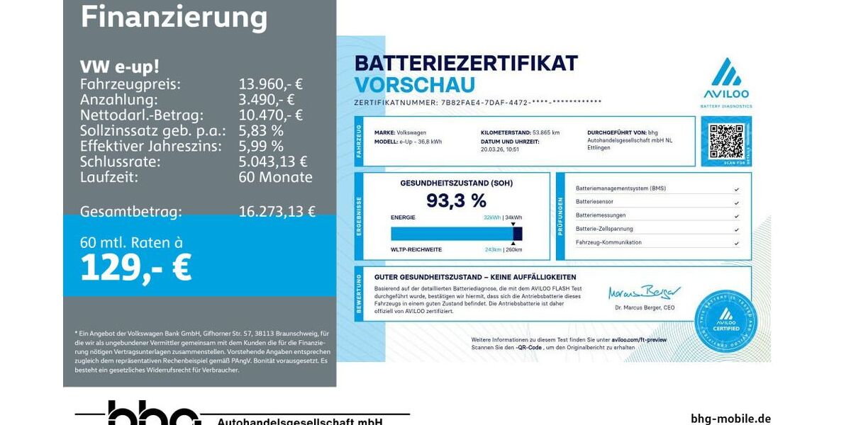 VW e-up! 53.864 km 13.960 &euro; Ettlingen 76275